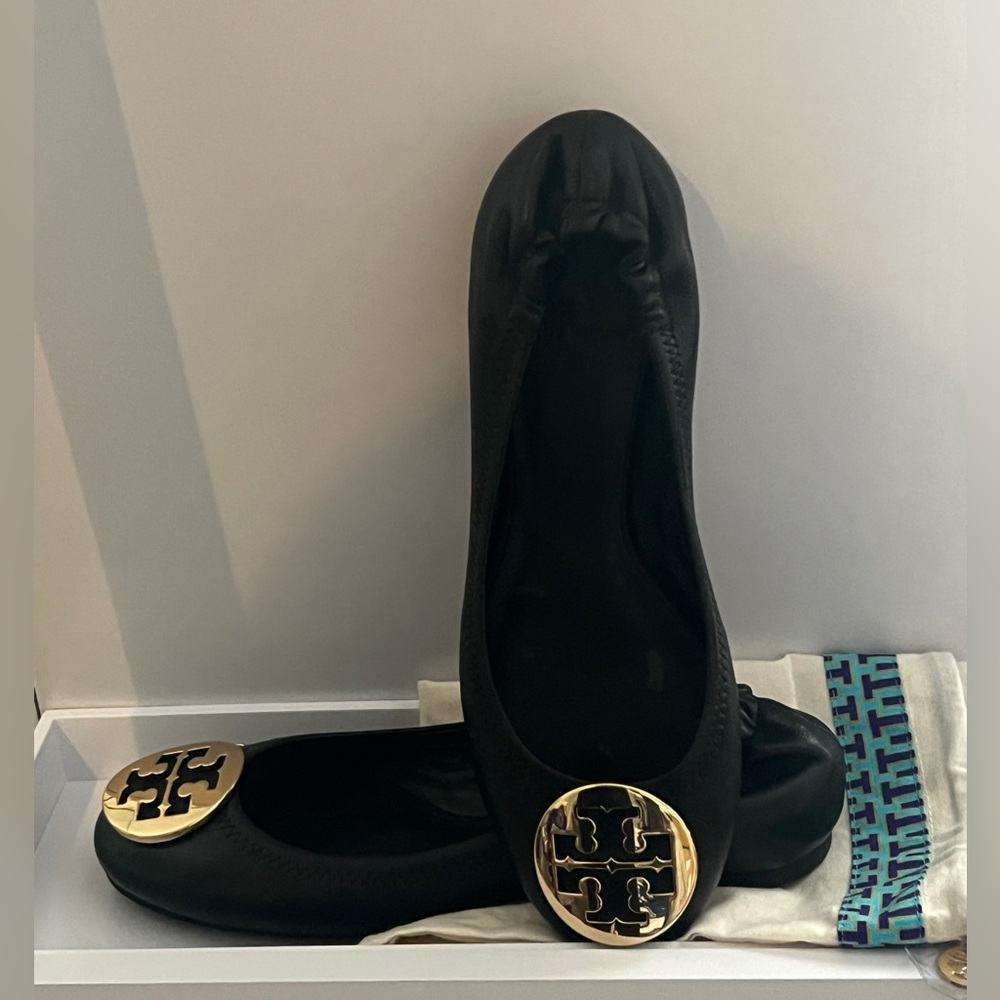 Tory Burch Black Flats with Gold Emblem